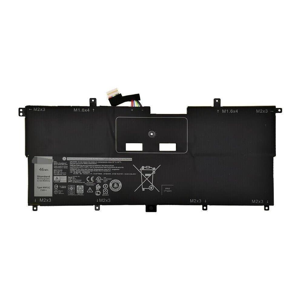 Black rectangular laptop battery with multiple connectors, labeled sections, and safety symbols, designed as a spare part for Dell laptops.