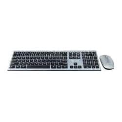 Sleek silver wireless keyboard with black keys and a matching mouse, featuring a slim design and a full set of function keys for enhanced usability.