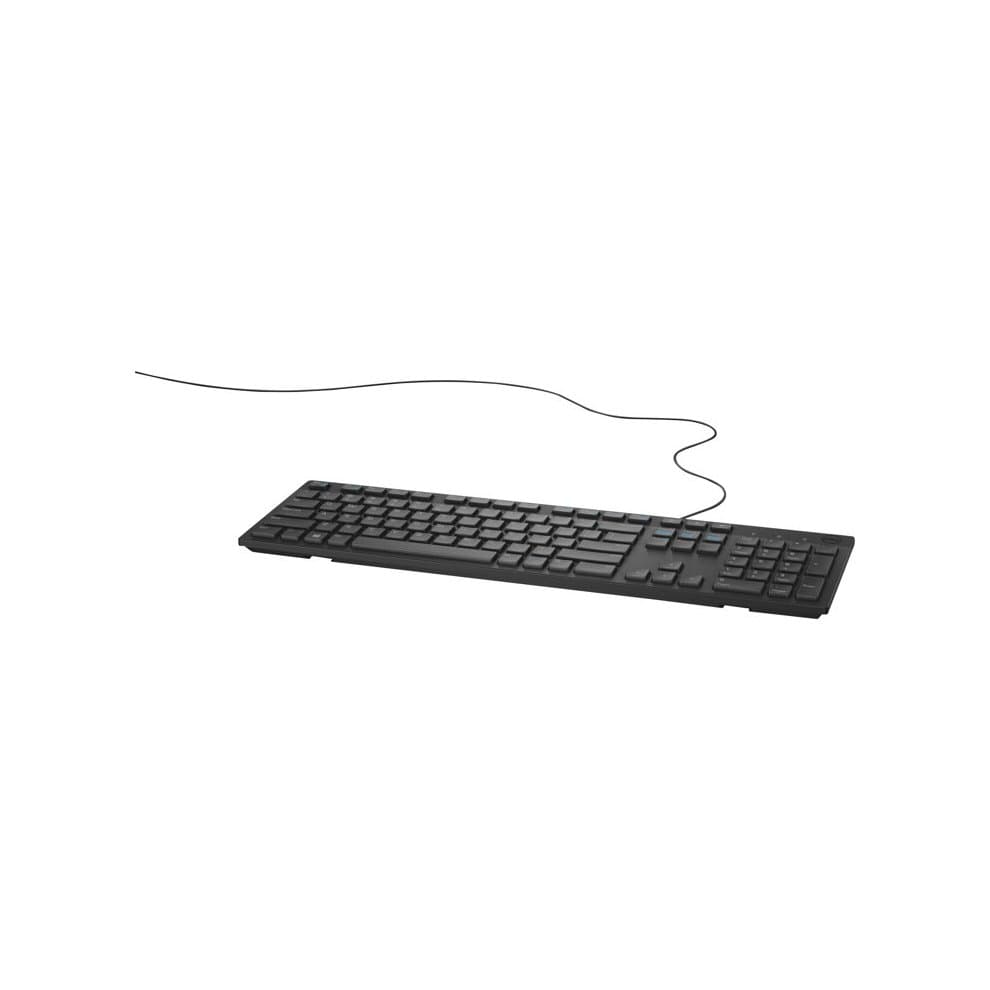 Black Dell KB216-BK-UK keyboard featuring a QWERTY layout, sleek design, and a wired connection with a thin profile and standard key arrangement.
