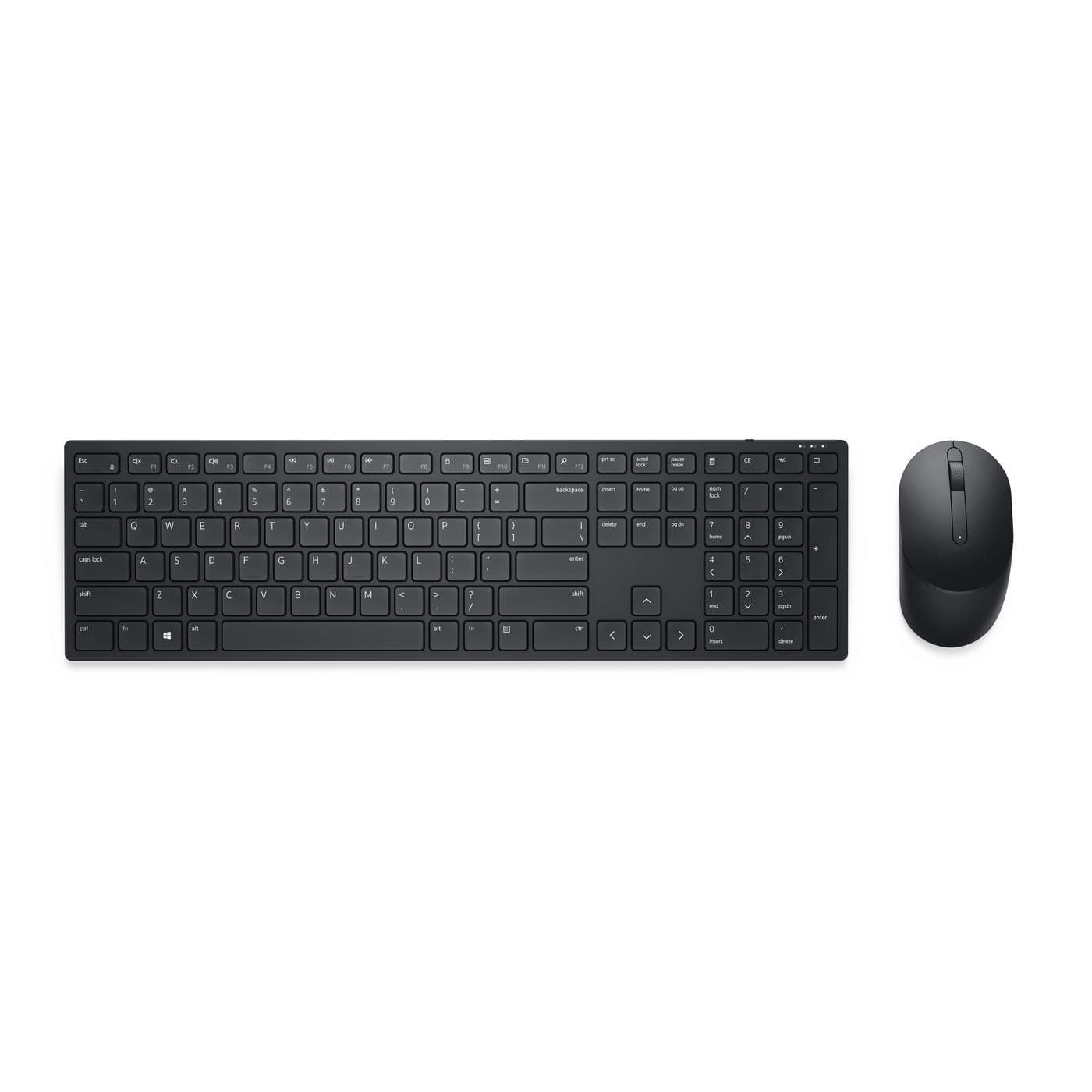 Black wireless keyboard and mouse set featuring a sleek design, low-profile keys, and a compact layout, ideal for a tidy workspace.