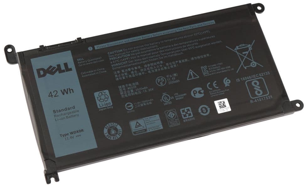 Black lithium-ion battery pack with a capacity of 42 Wh, featuring printed specifications, safety warnings, and a barcode on a smooth surface.