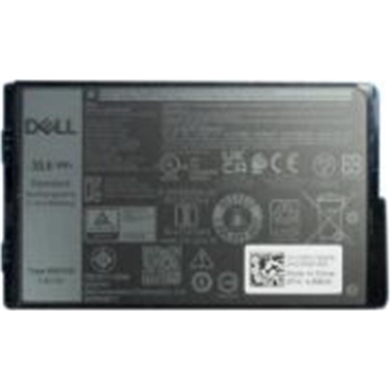 Black rectangular battery pack with a silver label, featuring specifications and safety icons, marked "DELL" and "7.6V 4457mAh."