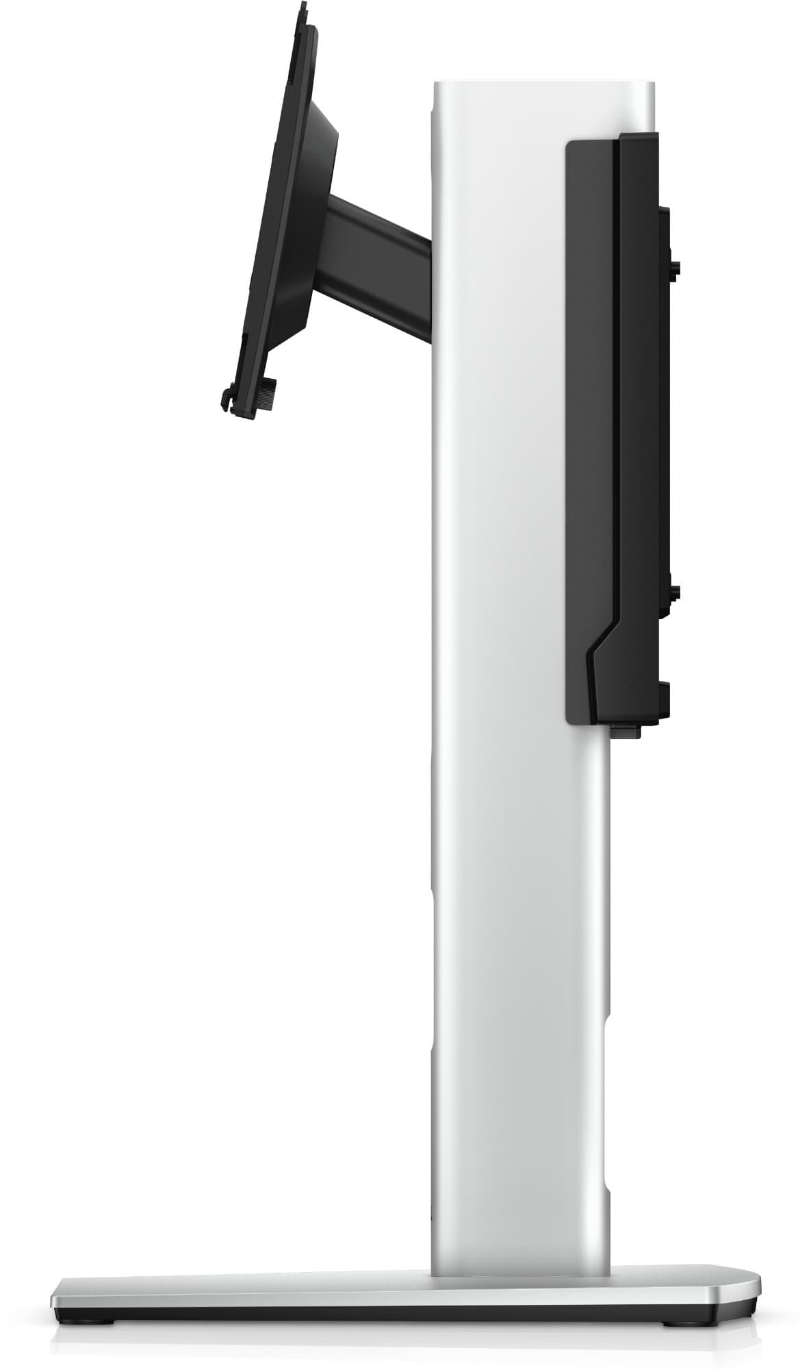 Silver and black Dell MFS22 desk mount with a sleek design, featuring a sturdy base and adjustable arm for a 27-inch monitor.