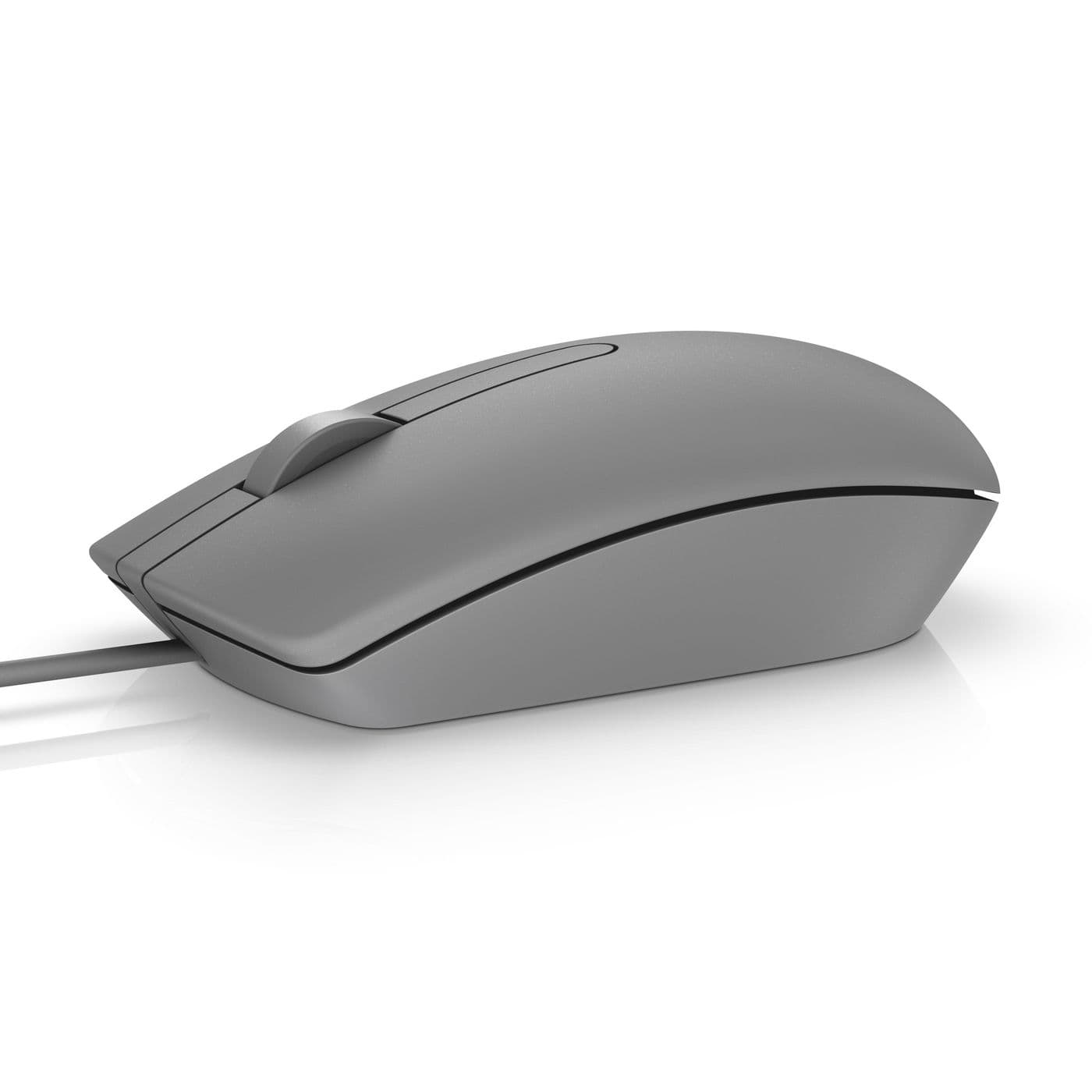 Gray wired mouse with a smooth, curved design, featuring a scroll wheel and two buttons, connected by a cable for easy use.