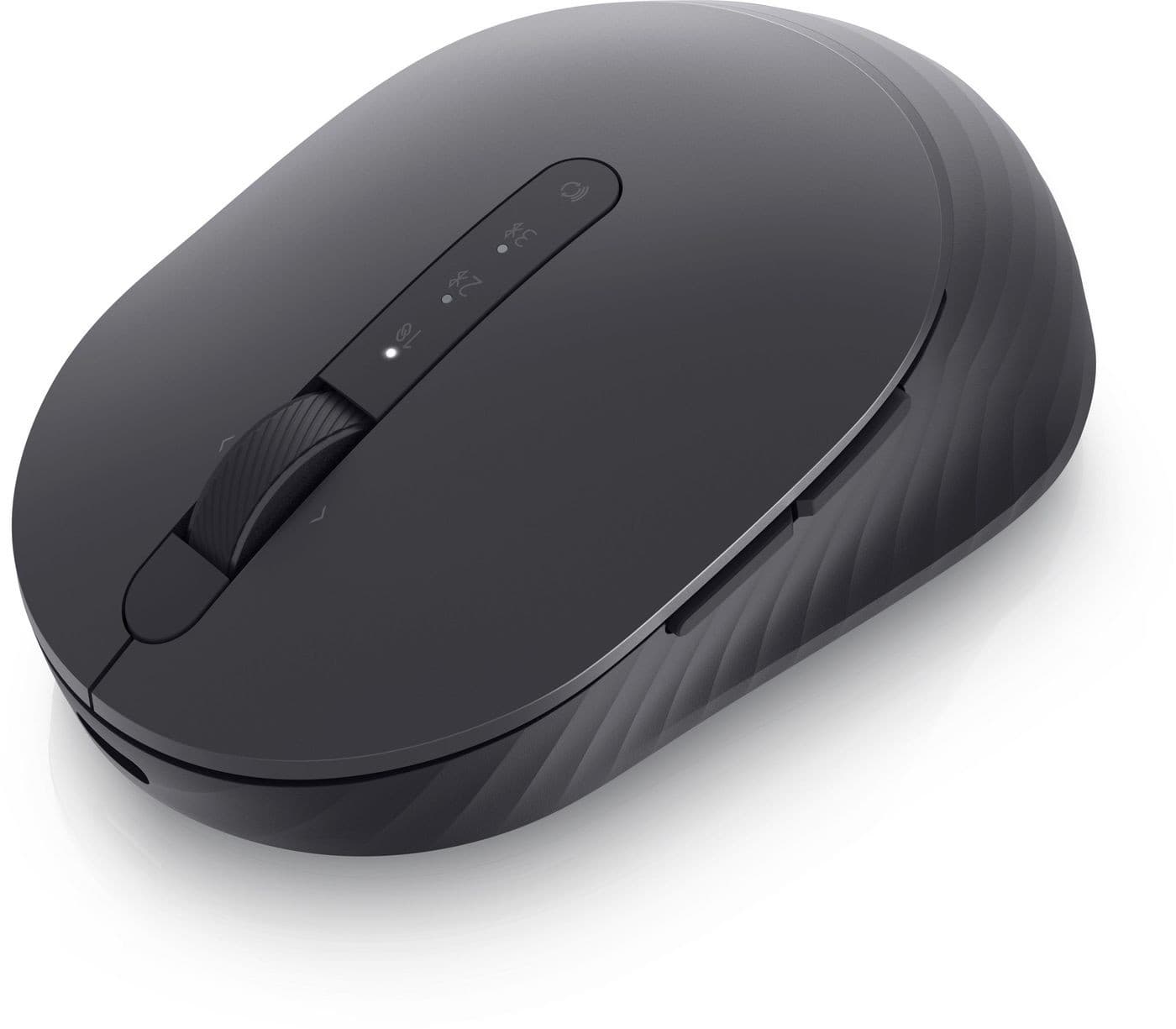 Wireless DELL Ms7421W mouse in sleek black with a smooth finish, featuring a scroll wheel, side buttons, and an ergonomic design for ambidextrous use.