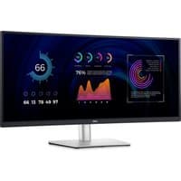 Dell P3424WE 34" monitor, ultra-wide screen with thin bezels, silver stand, displaying colorful graphs and charts.