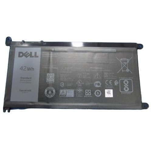 Dell P3W4 Lithium-Ion battery, 42Wh capacity, rectangular shape, gray casing with printed labels and icons, designed for compatibility with Dell laptops.