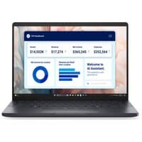Black Dell Pro 13 laptop with thin bezels, displaying analytics dashboard on screen.