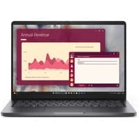 Black Dell laptop with 14-inch screen, thin bezels, displaying graphs on Windows 11 interface.