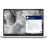Silver Dell Pro 16 Plus laptop with thin bezels, displaying an AI assistant interface on a 16-inch screen.