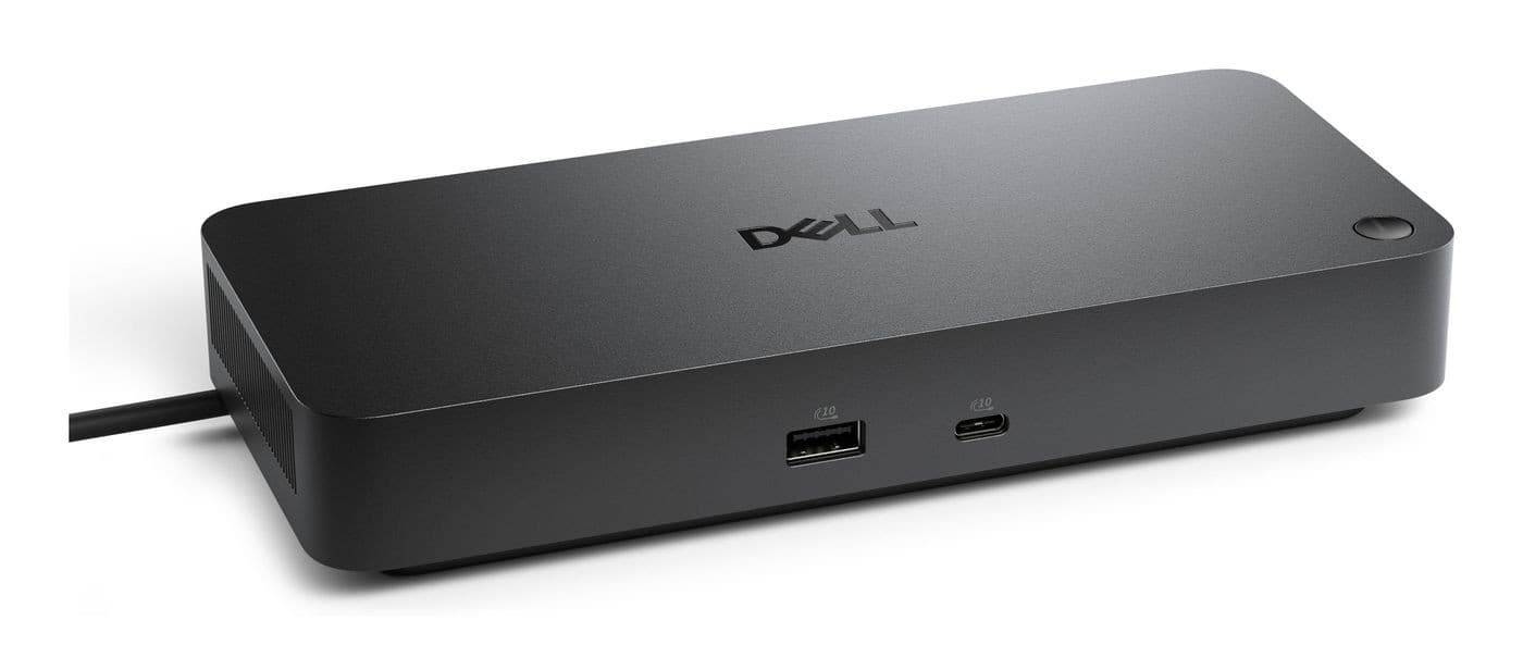 Black DELL Pro Dock WD25Z featuring a sleek rectangular design, multiple ports including USB-A and USB-C, and a power input, ideal for UK and EU use.