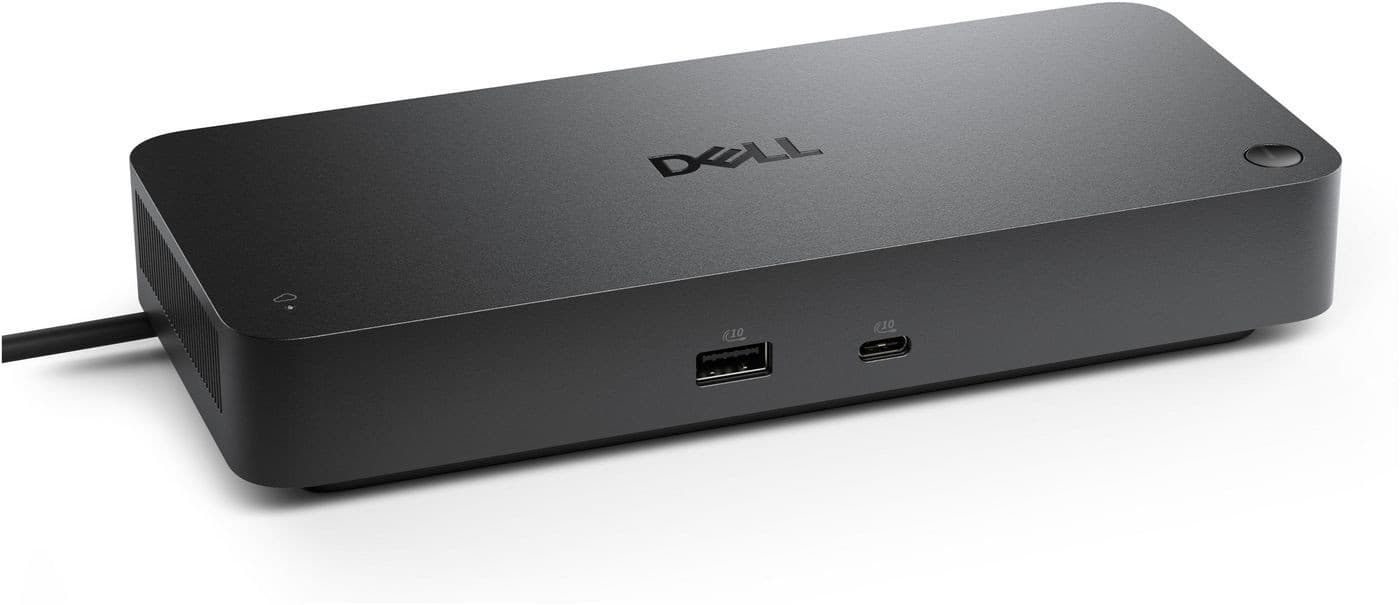Sleek black DELL Pro Hunderol 5 Smr Dock with a smooth surface, featuring USB and USB-C ports, and a power indicator light on one side.