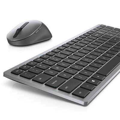 DELL Pro Plus Compact Keyboard and Mouse in sleek gray, featuring a low-profile design, QWERTY layout, and a wireless connection for streamlined workspace efficiency.