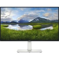 Dell S2425HS monitor, 23.8-inch, slim black bezel, silver stand, displaying scenic landscape with mountains and lake.