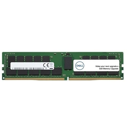 Green circuit board memory module with one 8 GB DDR4 chip, featuring a Dell logo, CE mark, and a white label with text for memory upgrade instructions.