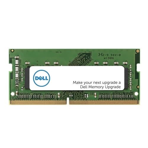 Green circuit board memory module with a white label featuring the Dell logo, indicating a 16 GB DDR5 capacity, designed for computer upgrades.