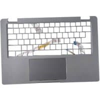 Gray Dell laptop keyboard frame with touchpad, missing keys, and visible internal wiring.