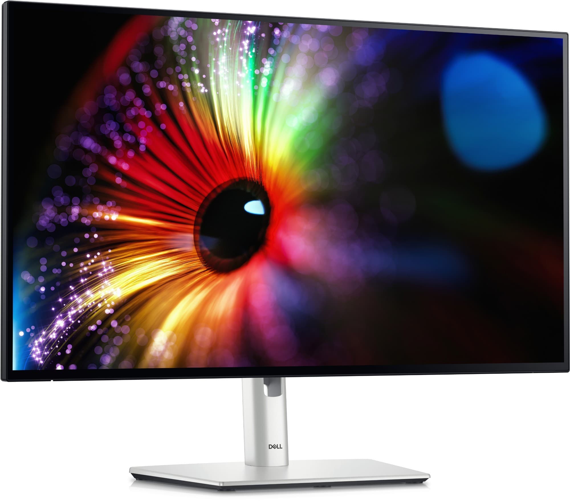 DELL UltraSharp U2724D monitor features a sleek silver stand, vibrant 27-inch display with 2560 x 1440 resolution, and an edge-to-edge glass screen showcasing vivid colors.