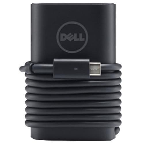 Black Dell 90W USB-C power adapter with a coiled cable, featuring the Dell logo on the front, designed for charging compatible devices.