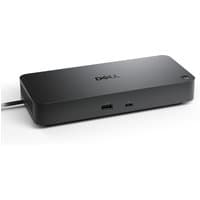 Black Dell WD25 USB-C docking station with multiple ports and sleek rectangular design.