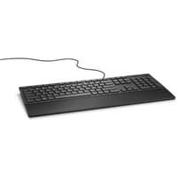 Black Dell wired keyboard KB216 with QWERTY layout, slim design, numeric keypad, and attached USB cable.