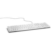 White Dell wired keyboard KB216 with UK QWERTY layout, slim design, and numeric keypad.