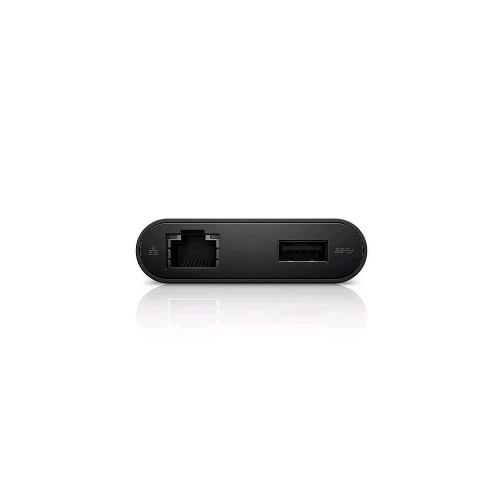 Black USB graphics adapter with a sleek design, featuring an Ethernet port and a USB port on one side for connectivity.