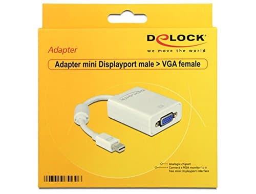 Mini DisplayPort to VGA adapter in white, featuring a male Mini DisplayPort connector and a female VGA (D-Sub) port, displayed on a bright yellow packaging background.
