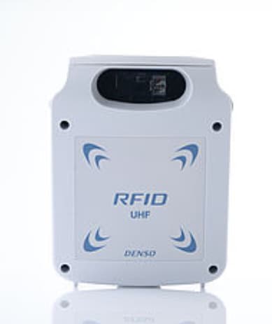 White DENSO SP1-QUBi RFID reader featuring Bluetooth and USB connectivity, with a sleek design and blue accents, ideal for efficient data capture.