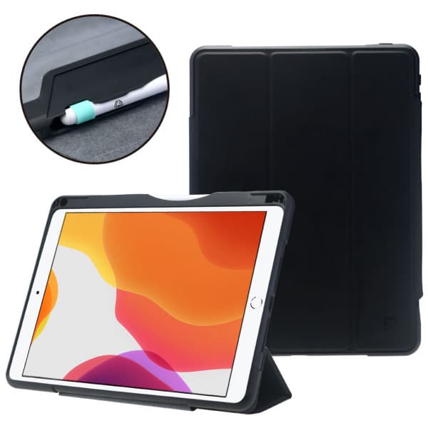 Black rugged case for iPad 10.2" (7th/8th/9th Gen.) featuring a foldable stand, textured surface, and a slot for Apple Pencil, designed for durability and protection.