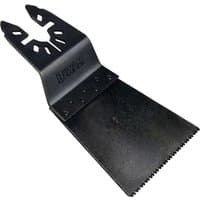 Black DeWalt oscillating multi-tool saw blade with wide plunge design and serrated edge for wood cutting.