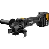 Black DeWalt 18V angle grinder with yellow accents, 115mm disc, ergonomic handle, and 5.0Ah Li-Ion battery.
