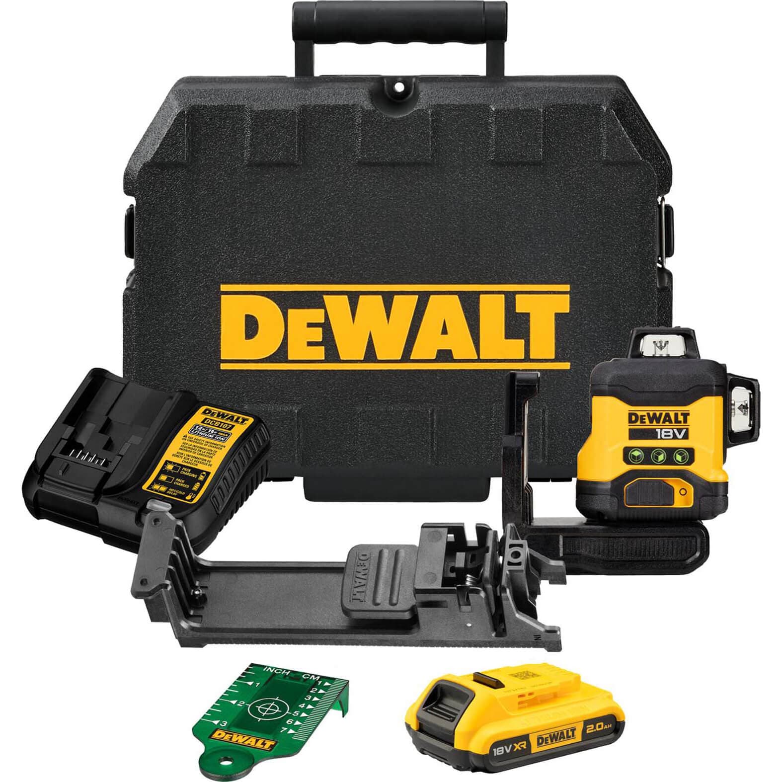 Black hard case with yellow "DeWALT" logo, containing an 18V cordless green laser level, battery, charger, and mounting bracket, showcasing a durable and professional design.