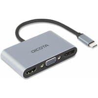 Silver Dicota dock station with USB-C cable, HDMI, VGA, and USB ports for tablets, smartphones, and laptops.