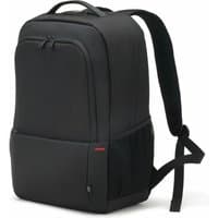 Black Dicota Eco Backpack Plus 15.6" with padded straps, front pocket, and side mesh pocket.