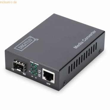 Compact black metal media converter with LED indicators, featuring one SFP port, one RJ45 port, and labeled "Media Converter" on the side.