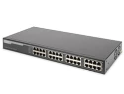 Black metal 16-port 10G Ethernet PoE+ injector with a sleek design, featuring 802.3at compliance and a 250 W power capacity, ideal for network connectivity.