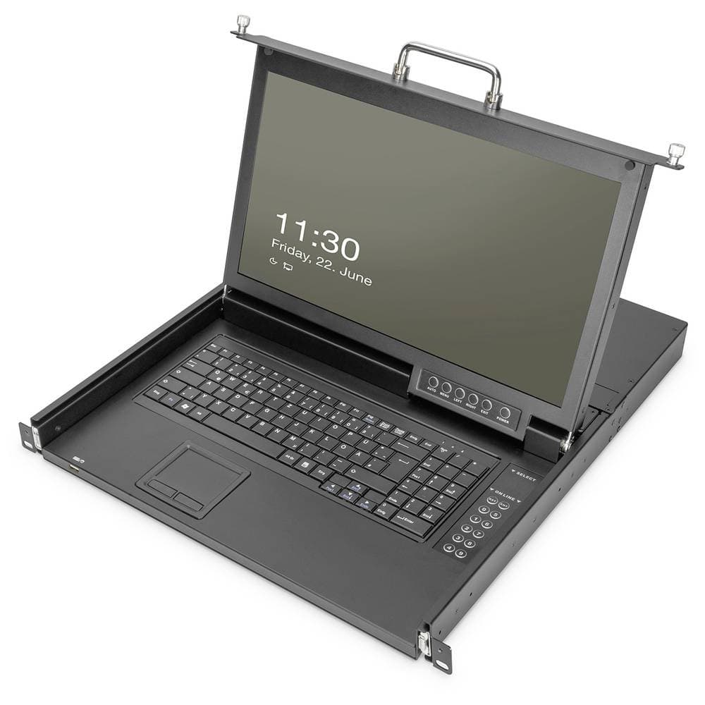 17" HD LCD KVM console with a black metal casing, featuring a German keyboard, touchpad, and control buttons, designed for 8-port Cat 5 connectivity.