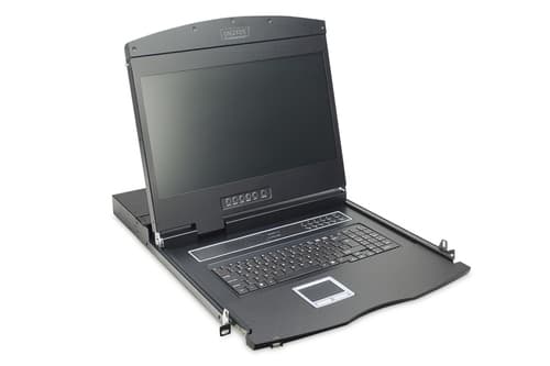 Black 19" LCD KVM console with a built-in VGA port, featuring a German keyboard and a sleek design, ideal for server management in a compact format.