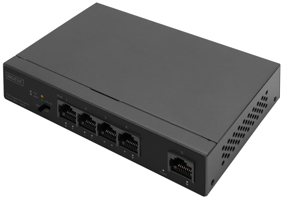 Black Digitus 4-Port Gigabit PoE network switch with five Ethernet ports, unmanaged design, and ventilation slots on the side for cooling.
