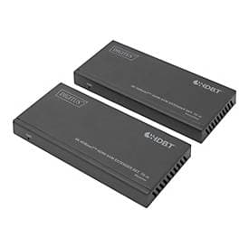 Digitus 4K HDBaseT™ HDMI KVM Extender Set in sleek black finish, featuring two compact units with ventilation slots, designed for extending HDMI signals up to 70 meters.