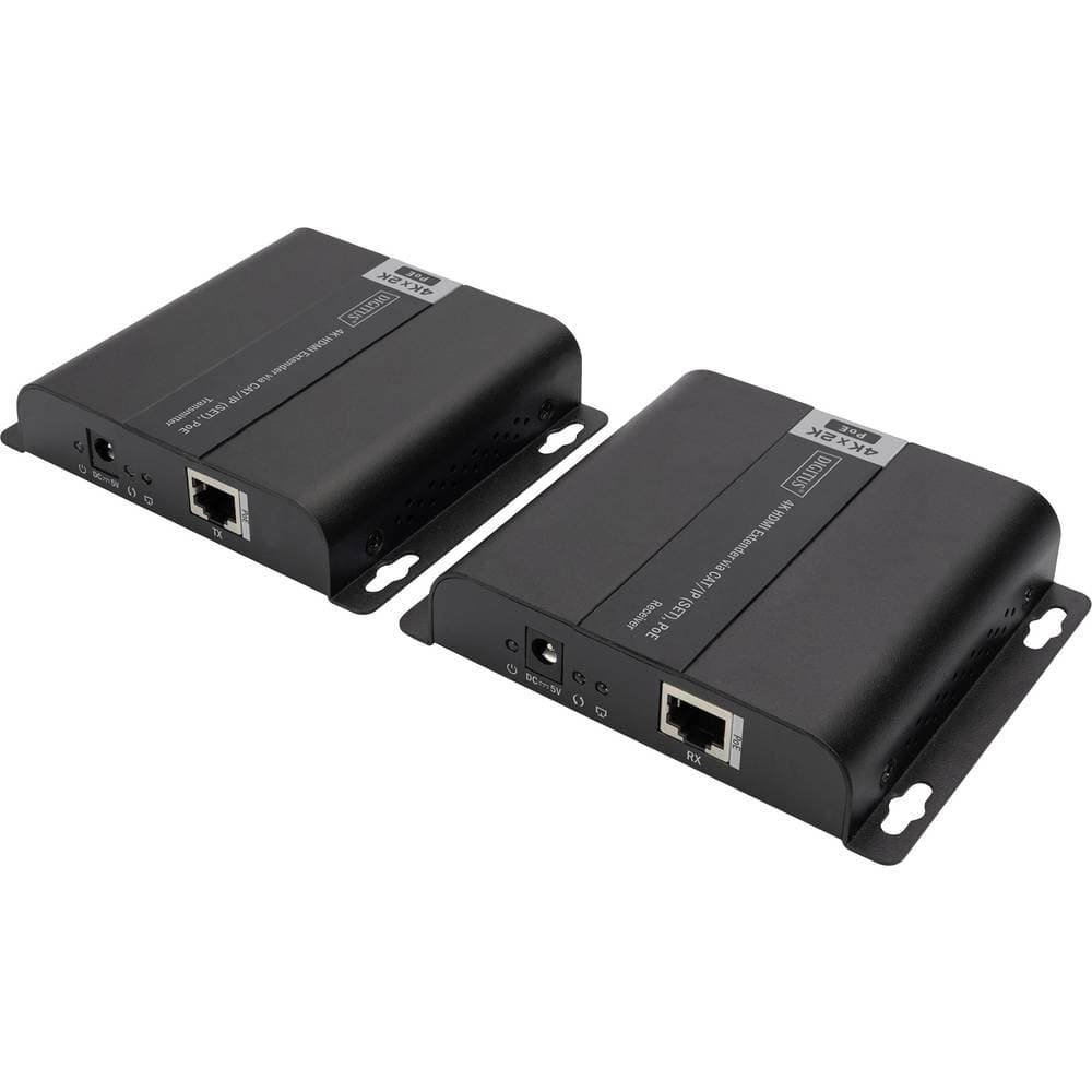 Black steel HDMI extender set featuring two compact units with Ethernet ports, designed for Ultra HD performance and wall mounting.