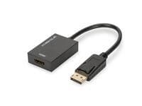 Black Digitus DisplayPort to HDMI adapter with a 20cm cable, designed for 4K UHD output, featuring a compact rectangular connector and a sturdy build.