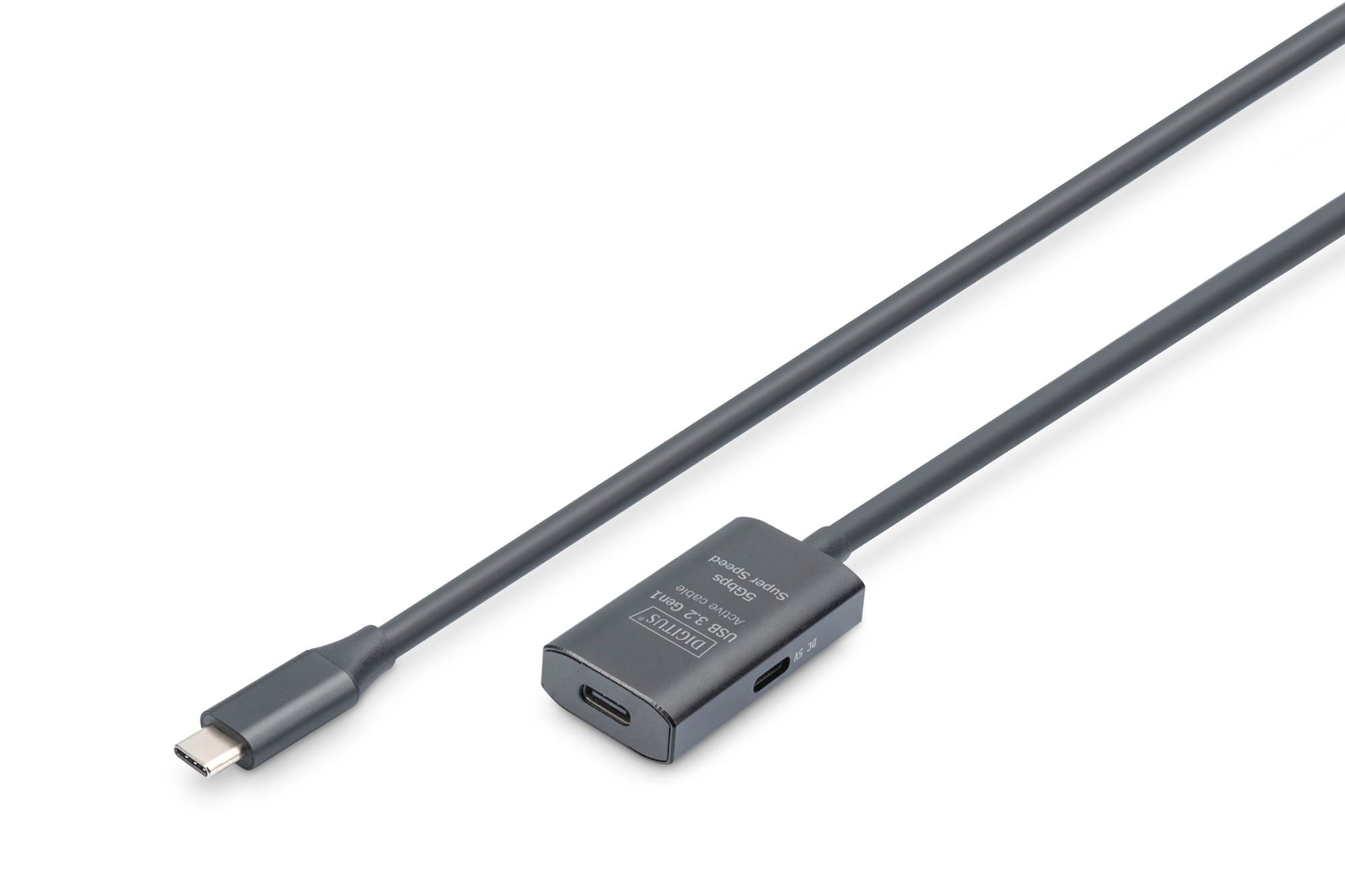 Active USB 3.2 Gen1 extension cable in grey, featuring USB-C connectors on both ends, with a length of 5 meters and a compact, durable design.