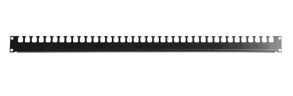 Black metal cable support rail designed for 483 mm (19") network cabinets, featuring multiple cutouts for organized cable management and easy installation.
