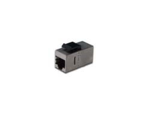 Grey RJ45 socket-to-socket network adapter with a compact design, featuring a black connector on top and an open socket on one end for easy Ethernet connections.