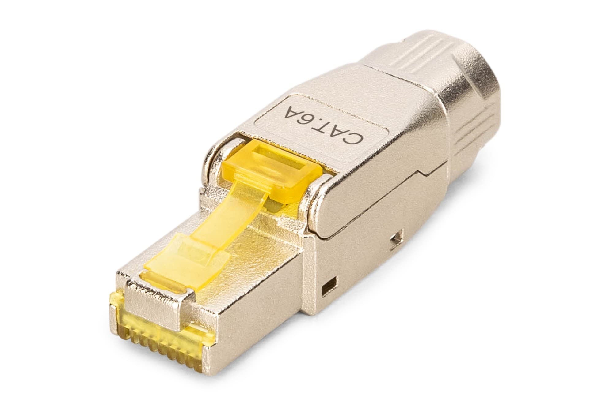 CAT 6A field connector in silver metal with a yellow latch, designed for AWG 22-27 cables, supporting up to 4PPoE and IEEE standards.
