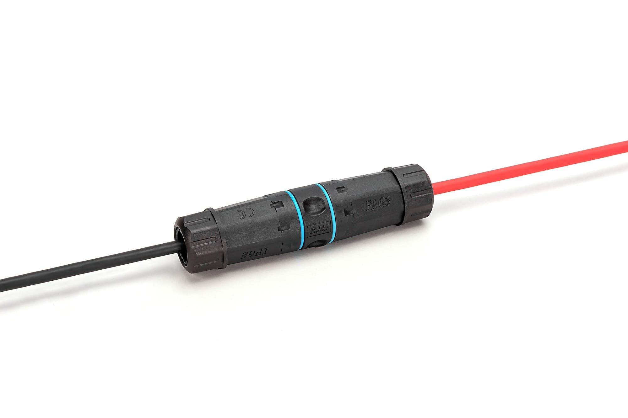 Black and red RJ45 connector with a robust, weatherproof casing, featuring a blue band indicating IP68 protection for outdoor use, designed for CAT 6A connections.