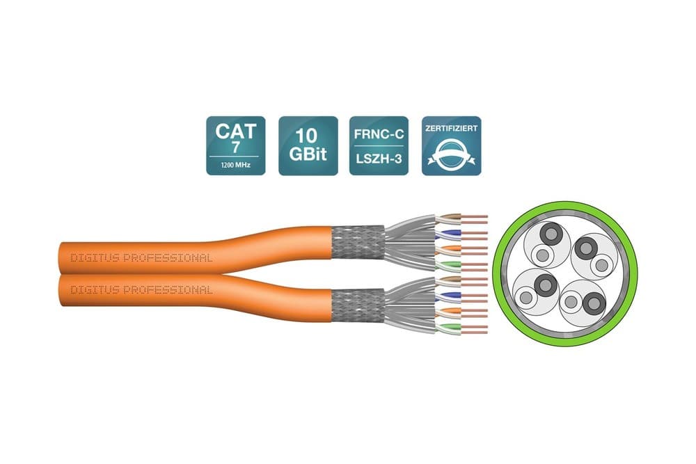 Digitus CAT 7 S/FTP data cable in orange, featuring a duplex design with six internal wires, rated for 10 GBit and 120 MHz, and marked with FRNC-C and LSZH-3 certifications.