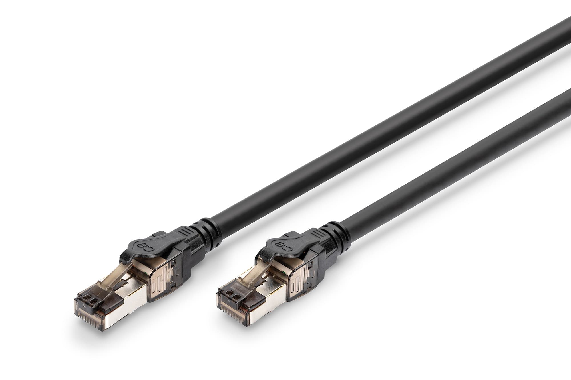 Black Digitus CAT 8.1 S/FTP patch cable, 5 meters long, featuring sturdy connectors with gold-plated contacts at both ends for high-speed data transmission.